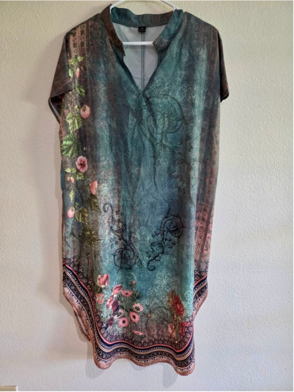 Vintage Floral Border Print V-Neck Kaftan Shift Dress Sage Teal XL W-251